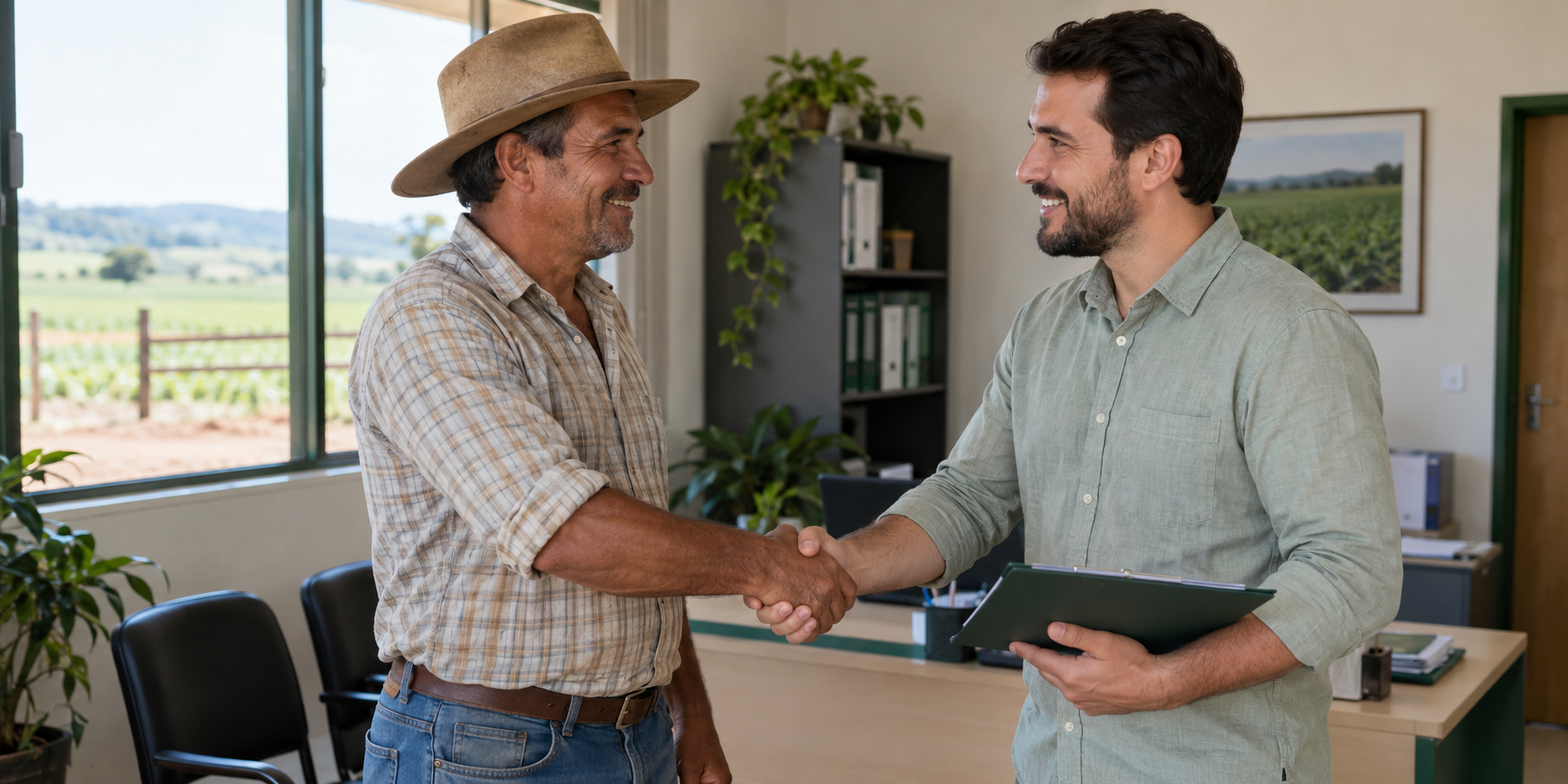 Produtor rural e técnico do Sindicato Rural apertando as mãos e sorrindo durante atendimento
