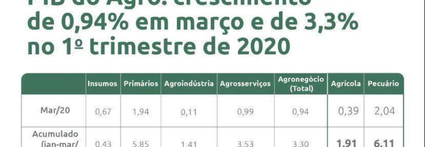PIB do agronegócio cresce 3,3% no 1º trimestre de 2020