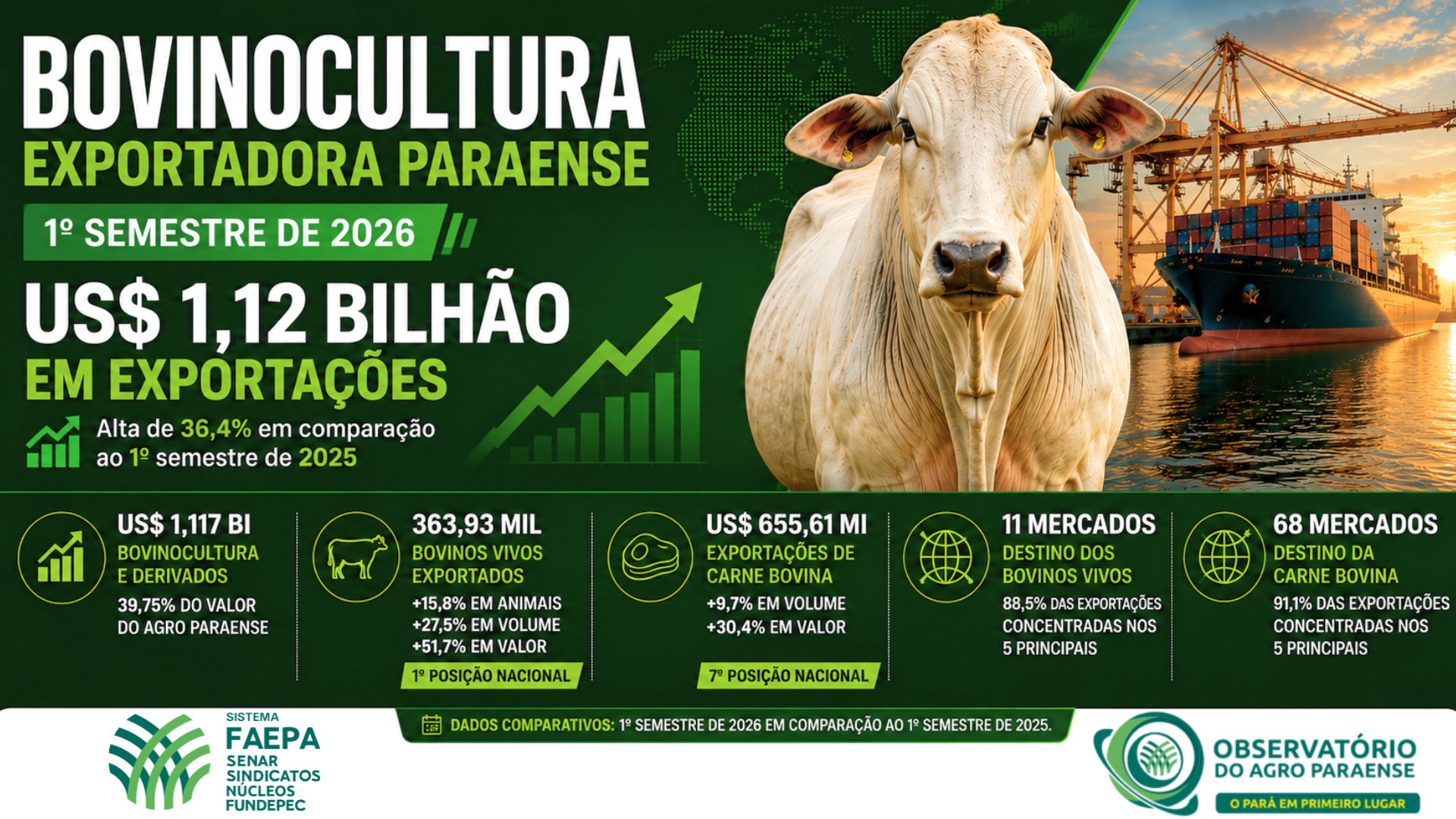 Exportações da bovinocultura paraense superam US$ 1,1 bilhão no 1º semestre de 2026