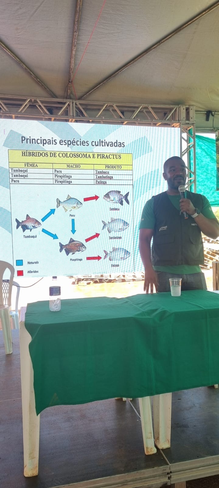 O engenheiro de pesca Nathan Sousa, do Senar, apresentou orientações sobre produção de peixes durante o I Encontro dos Piscicultores de Tasso Fragoso.