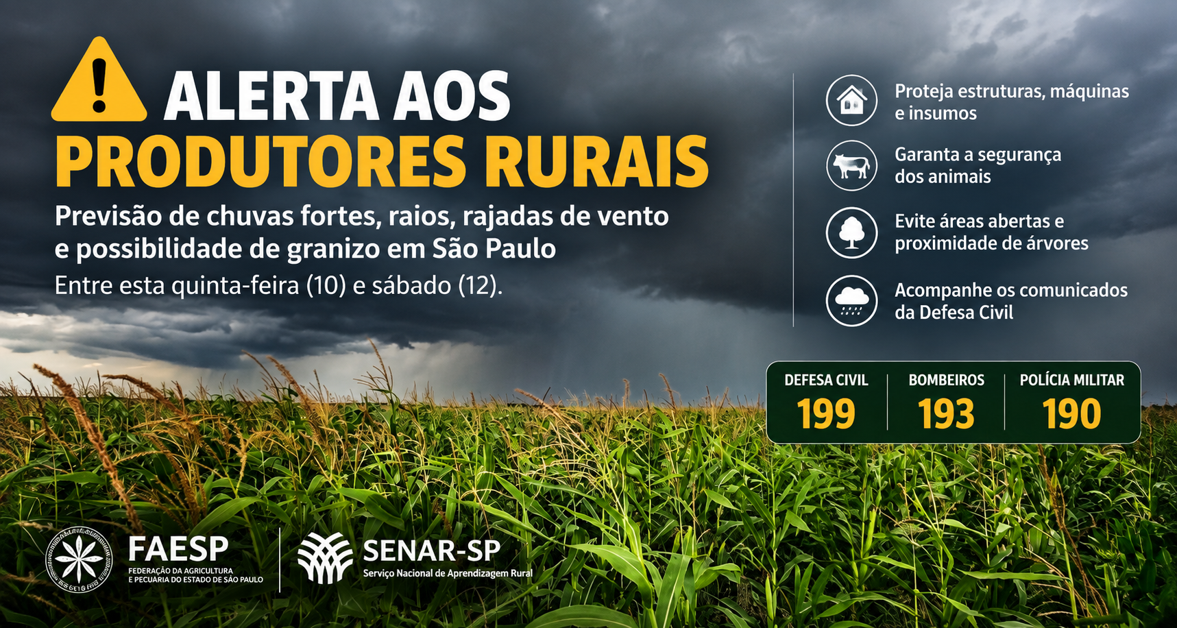 Faesp alerta produtores para risco de tempestades em São Paulo