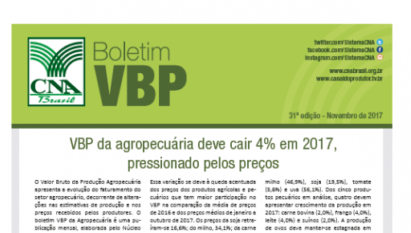 BOLETIM VBP: VBP DA AGROPECUÁRIA DEVE CAIR 4% EM 2017, PRESSIONADO PELOS PREÇOS / 31ª EDIÇÃO - NOVEMBRO DE 2017
