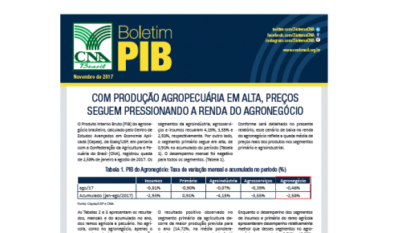 BOLETIM PIB: COM PRODUÇÃO AGROPECUÁRIA EM ALTA, PREÇOS SEGUEM PRESSIONANDO A RENDA DO AGRONEGÓCIO / NOVEMBRO 2017