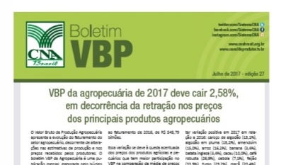 BOLETIM: VBP DA AGROPECUÁRIA DE 2017 DEVE CAIR 2,58%, EM DECORRÊNCIA DA RETRAÇÃO NOS PREÇOS DOS PRINCIPAIS PRODUTOS AGROPECUÁRIOS / JULHO 2017