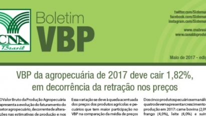 BOLETIM VBP: VBP DA AGROPECUÁRIA DE 2017 DEVE CAIR 1,82%, EM DECORRÊNCIA DA RETRAÇÃO NOS PREÇOS / MAIO 2017