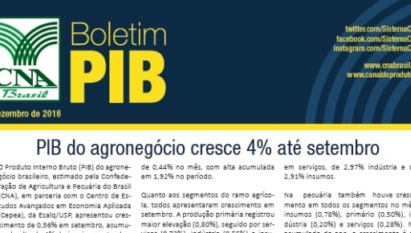 BOLETIM PIB: PIB DO AGRONEGÓCIO CRESCE 4% ATÉ SETEMBRO / DEZEMBRO 2016