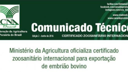 COMUNICADO TÉCNICO: CERTIFICADO ZOOSANITÁRIO INTERNACIONAL  / JUNHO DE 2016